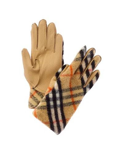 Burberry Check Wool & Leather Gloves In Brown