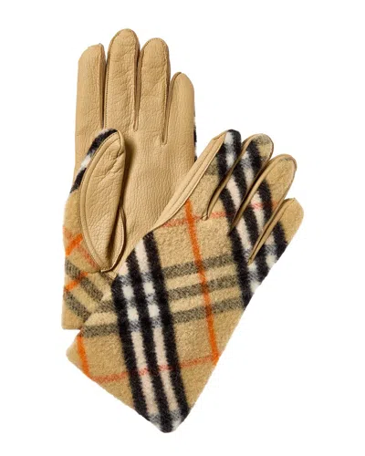 Burberry Check Wool & Leather Gloves In Sand