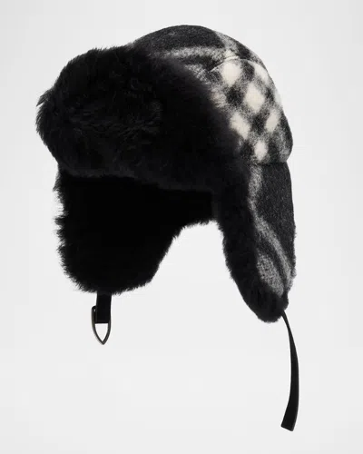Burberry Check Wool & Shearling Trapper Hat In Animal Print
