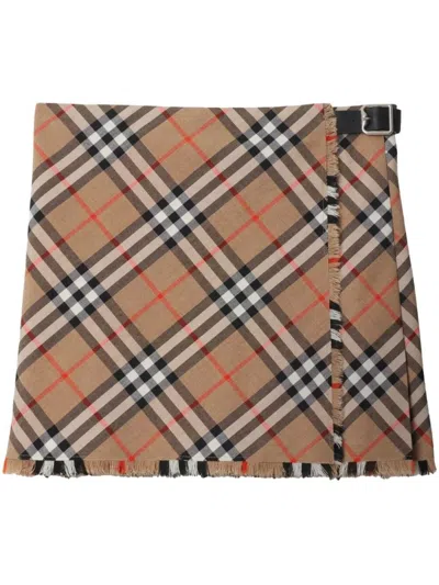 Burberry Check Wool Blend Mini Skirt Clothing In Beige