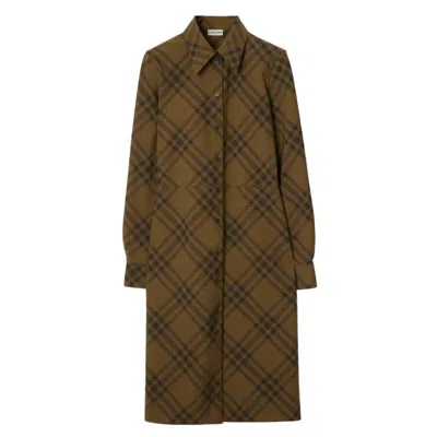 Burberry Check Wool Blend Shirt Dress In Brown