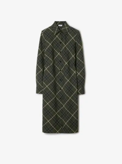 Burberry Check Wool Blend Shirt Dress In Marsh