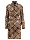 Burberry Check Wool Blend Shirt Dress Dresses Beige In Brown