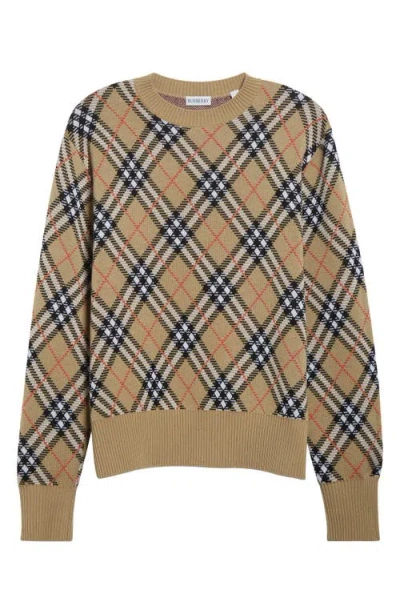 Burberry Wool Blend Sweater With Embroidered Check Pattern In Brown