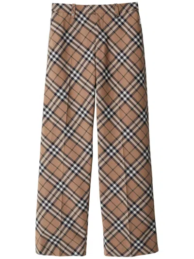 Burberry Check Wool Blend Trousers In Brown