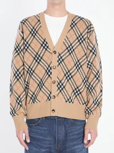 Burberry Check Wool Cardigan In Brown