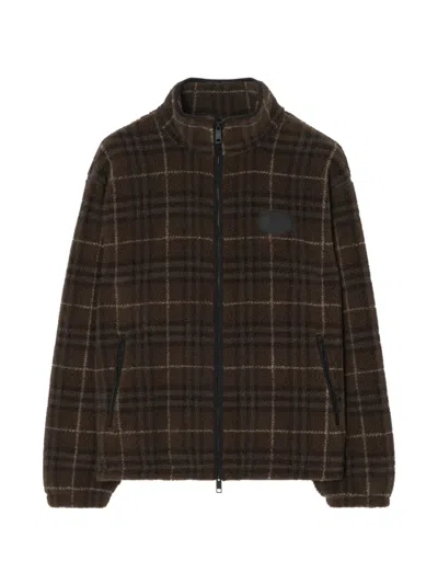 Burberry Check Wool Cashmere Blend Fleece Jacket In Brown
