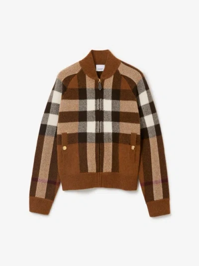 Burberry Check Wool Cashmere Bomber Jacket In Brown