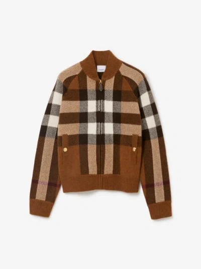 Burberry Check Wool Cashmere Bomber Jacket In Dark Birch Brown
