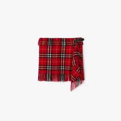 Burberry Fringed Checked Wool And Cashmere-blend Flannel Mini Wrap Skirt In Currant
