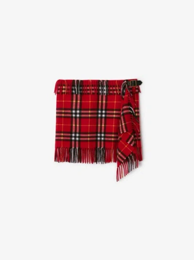 Burberry Fringed Checked Wool And Cashmere-blend Flannel Mini Wrap Skirt In Currant