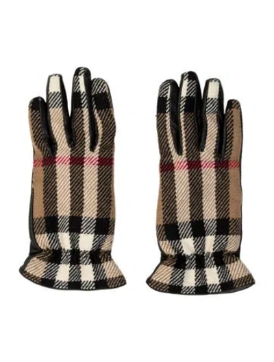 Pre-owned Burberry Check Wool Gloves With Leather Trim In Neutral
