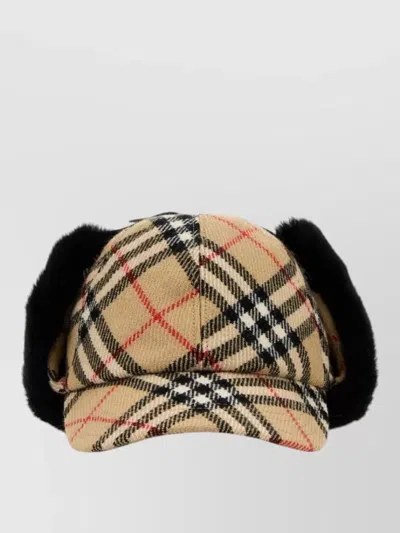 Burberry Check Wool Hat Ear Flaps Fur Trim In Multi