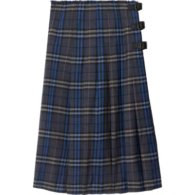 Burberry Check Wool Midi Kilt In Bright Oxford Blue