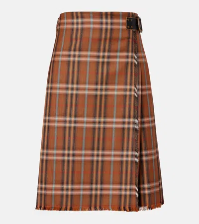 Burberry Check Wool Midi Skirt In Brown