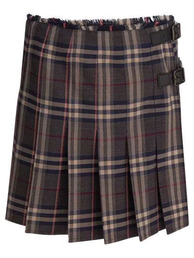 Burberry Leather-trimmed Pleated Checked Wool Mini Skirt In Black