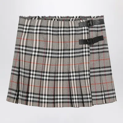 Burberry Check Wool Mini Kilt Skirt In Gray