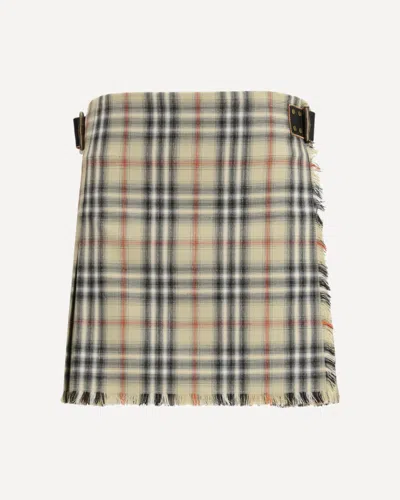 Burberry Women Beige Skirt With Adjustable Belt And All-over Check Motif In Wool Woman In Multi