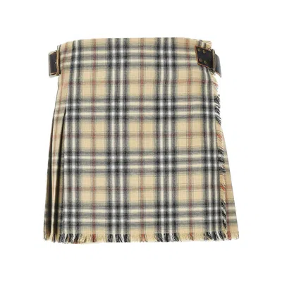 Burberry Women Beige Skirt With Adjustable Belt And All-over Check Motif In Wool Woman In Multi