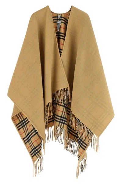 Burberry Check Wool Reversible Cape In Beige