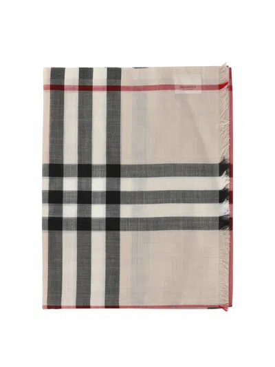Burberry Check Wool Silk Scarf Scarves Beige In Stonecheck