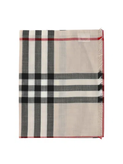 Burberry Check Wool Silk Scarf Scarves Beige In Multicolor