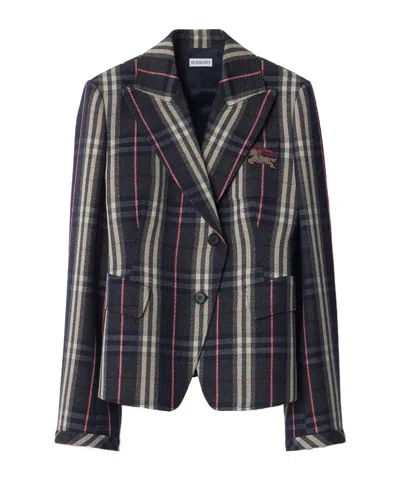 Burberry Check Wool Tailored Jacket In Blue