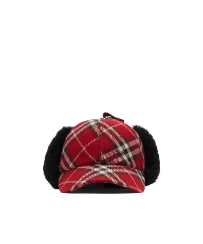 Burberry Check Wool Trapper Cap In Geranium