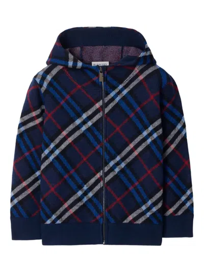 Burberry Check Wool Zip Hoodie In Blue
