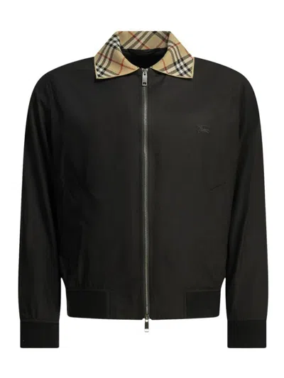 Burberry Check-collar Harrington Bomber Jacket In Black