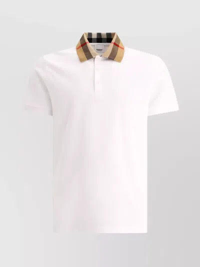 Burberry Check-collar White Polo Shirt With Three-button Placket