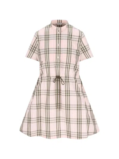 Burberry Checked Belted Short Sleeved Mini Dress In Pink