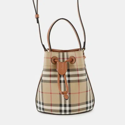 Pre-owned Burberry Checked Bucket Bag Archive Beige/briar Brown Pvc Leather Size Mini In Sand