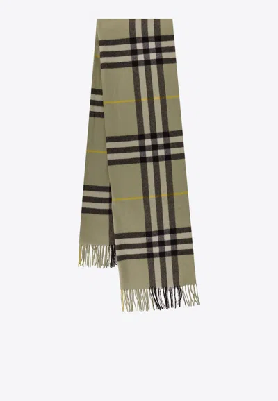 Burberry Checked Cashmere Fringed Scarf In Green