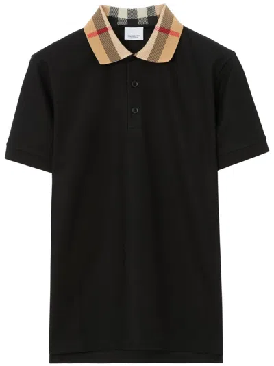 Burberry Check Collar Cotton Cody Polo Shirt In Black
