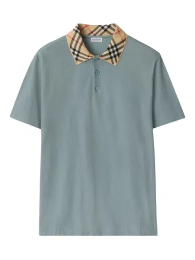 Burberry Check Collar Cotton Polo Shirt In Blue