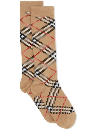 Burberry Kids' Checked Cotton-blend Socks In Camel