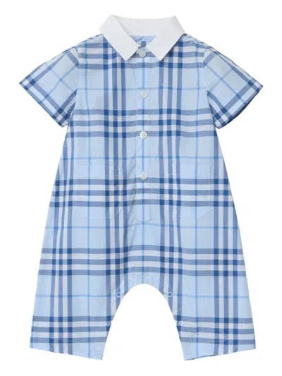 Burberry Babies' Checked Cotton Romper In Blue