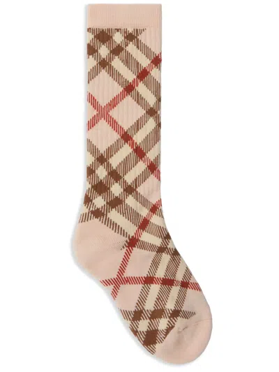 Burberry Checked Cotton Socks In Neutrals