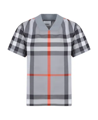 Burberry Checked Cotton V-neck T-shirt In Gray