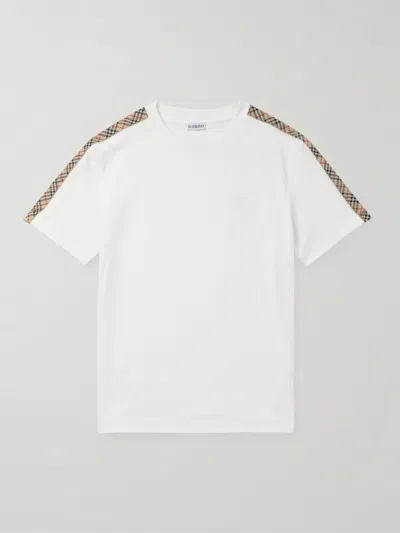 Burberry White Crewneck T-shirt With Check Motif On The Sleeve And Ekd Logo Embroidery On The Front In Cotton