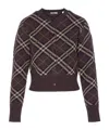 Burberry Long Sleeve Cardigan With Check Motif And Crewneck In Brown