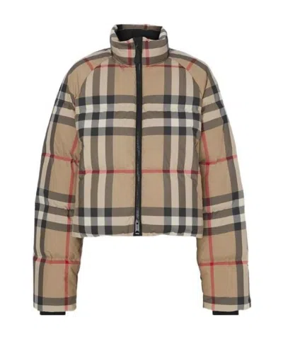 Burberry Checked Cropped Puffer Jacket In Brown