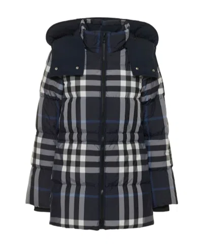 Burberry Checked Down Jacket In Blue
