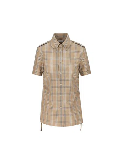 Burberry Buckled Ruched Checked Cotton-poplin Shirt In Brown