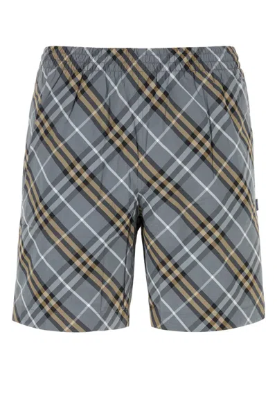 Burberry Checked Embroidered Nylon Swimming Shorts With Lining In Gray