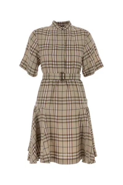 Burberry Checked Embroidered Viscose-linen Dress In Brown