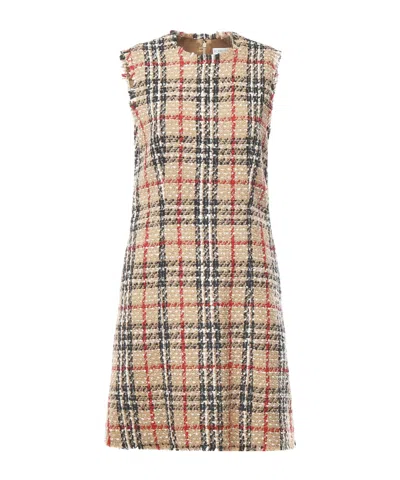 BURBERRY BURBERRY CHECKED FRAYED-TRIM SLEEVELESS TWEED DRESS