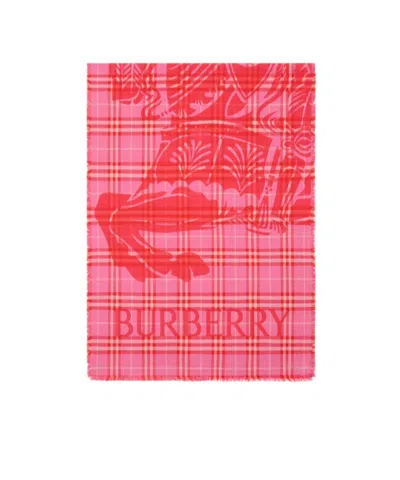 Burberry Checked Frayed-edge Scarf In Pink