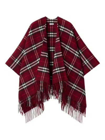 Burberry Checked Fringed Cape In Red